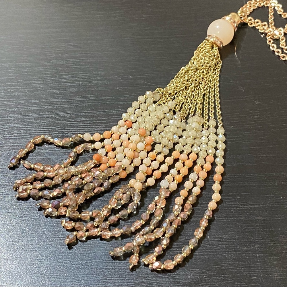WHBM Elegant Gold Tassel Necklace with Peach Cream Beads & Faceted Stones